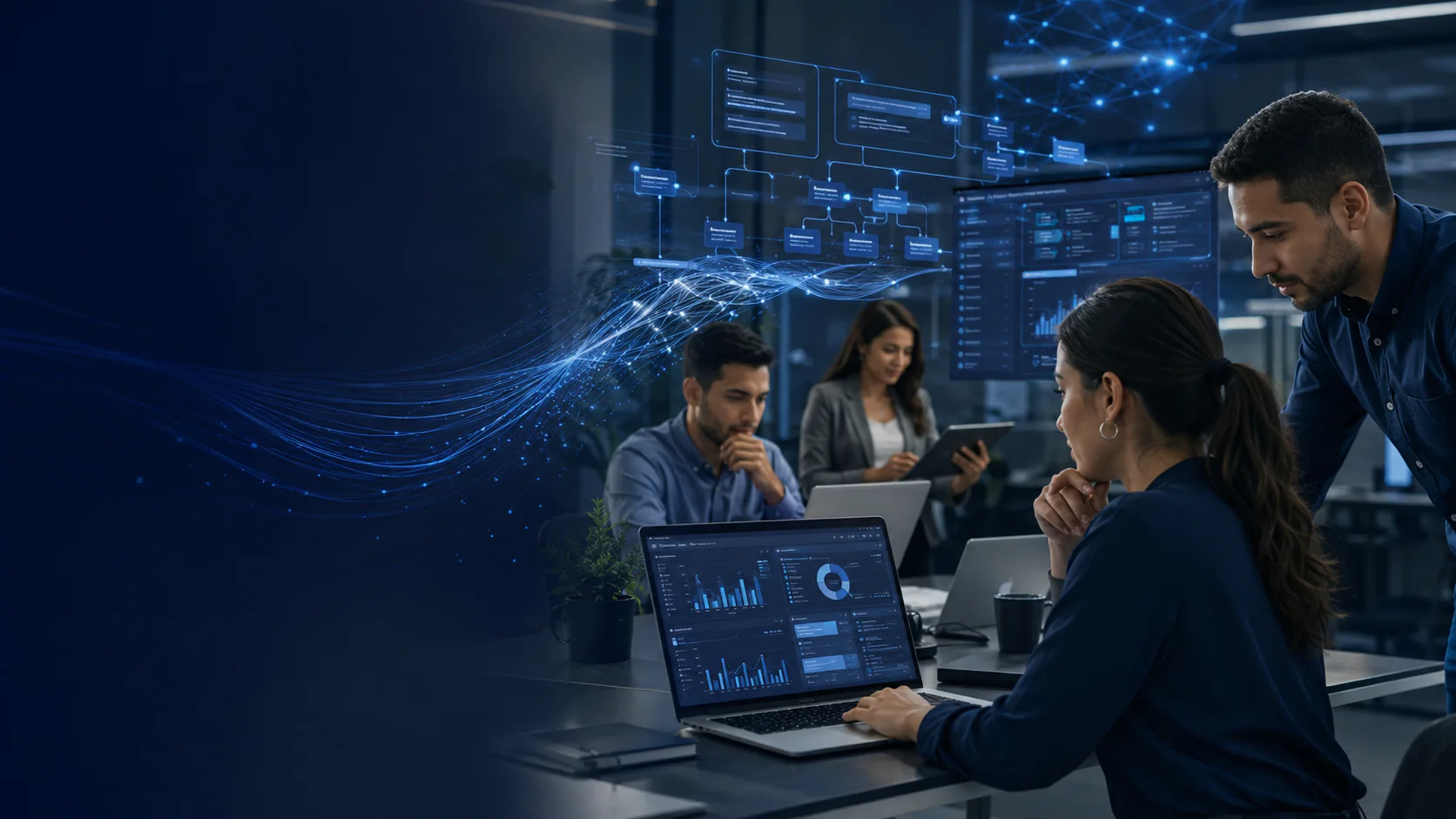 Equipo tecnológico trabajando con visualizaciones de inteligencia artificial